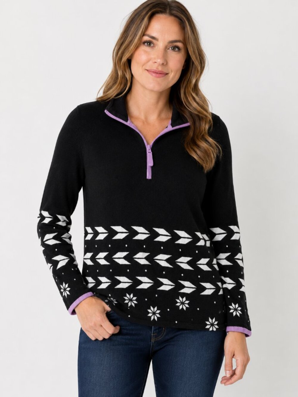 T by Talbots Medium Black White Fair Isle Quarter Zip Sweater Lavender Trim Cott